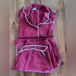 Aerie Off Duty Satin Burgundy Pajamas with White Trim